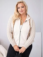 Dámská bavlněná mikina Plus Size s pletenými rukávy a kapucí béžová