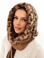 Dámská čepice s kapucí s kožešinou v leopardí vzor s vázačkou camelová Dámská čepice s kapucí s kožešinou v leopardí vzor s vázačkou camelová