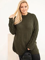 Dámský svetr Plus Size s copánkovým vzorem khaki kolor