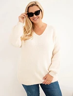 Dámský svetr Plus Size z vlnou s výstřihem do V béžový
