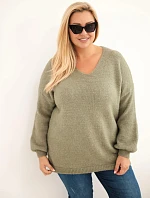 Dámský svetr Plus Size s vlnou s výstřihem do V khaki