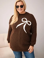 Dámský svetřík Plus Size s příměsí vlny s mašlí hnědý
