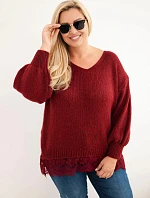 Dámský svetr Plus Size s krajkovým spodkem bordó