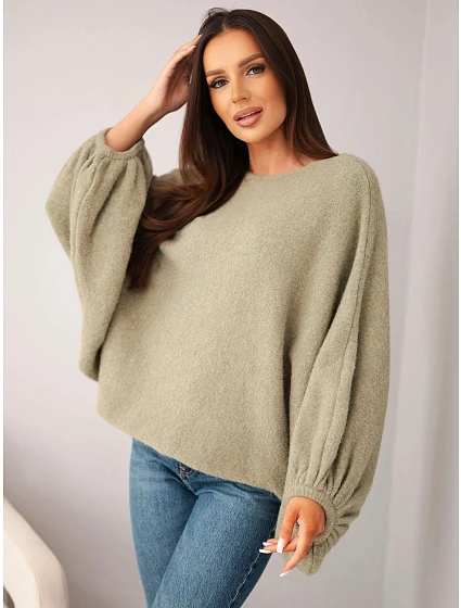 Svetr dámský s přídavkem alpak oversize světlé khaki Svetr dámský s přídavkem alpak oversize světlé khaki