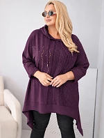 Dámska bavlnená mikina Plus Size s kapucňou a pleteným vsadkom v slivkovej farbe