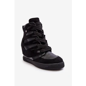 Skórzane Botki Na Koturnie Sznurowane Czarne Amria Skórzane Botki Na Koturnie Sznurowane Czarne Amria