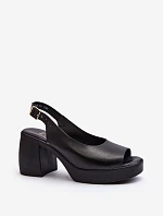 Zazoo 40376 Skórzane Sandały Na Masywnym Obcasie Czarne