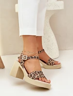 Zazoo 40386 Damskie Skórzane Sandały Na Klocku Panterka Brązowo-Beżowe