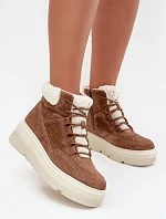 Zamszowe Śniegowce Damskie Z Kożuszkiem Na Platformie Vinceza 95354 Camel