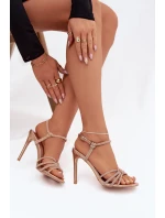 Dámské sandály na jehlovém podpatku s pásky a čirými kamínky šampaňské Tanelle Dámské sandály na jehlovém podpatku s pásky a čirými kamínky šampaňské Tanelle