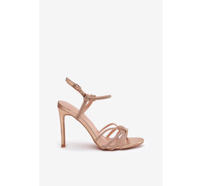 Dámské sandály na jehlovém podpatku s pásky a čirými kamínky šampaňské Tanelle Dámské sandály na jehlovém podpatku s pásky a čirými kamínky šampaňské Tanelle