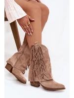 Dámské cowboy boty s třásněmi na podpatku Khaki Gralina Dámské cowboy boty s třásněmi na podpatku Khaki Gralina