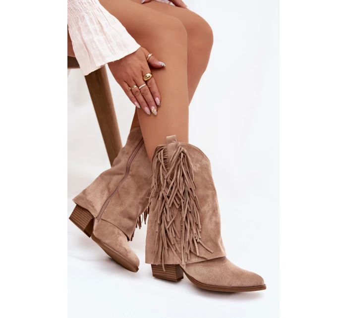 Dámské cowboy boty s třásněmi na podpatku Khaki Gralina Dámské cowboy boty s třásněmi na podpatku Khaki Gralina