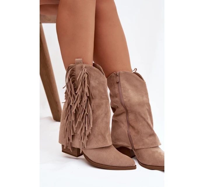 Dámské cowboy boty s třásněmi na podpatku Khaki Gralina Dámské cowboy boty s třásněmi na podpatku Khaki Gralina