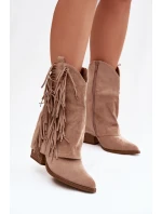 Dámské cowboy boty s třásněmi na podpatku Khaki Gralina Dámské cowboy boty s třásněmi na podpatku Khaki Gralina