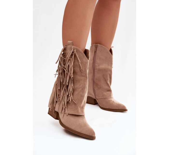 Dámské cowboy boty s třásněmi na podpatku Khaki Gralina Dámské cowboy boty s třásněmi na podpatku Khaki Gralina