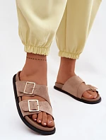 Dámské pantofle z imitace semiše s zlatými přezkami tmavě béžové Selissea