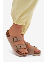 Kožené semišové dámské pantofle s přezkami tmavě béžové Rosaliae