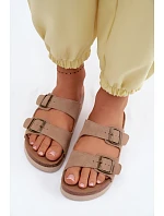 Kožené semišové dámské pantofle s přezkami tmavě béžové Rosaliae