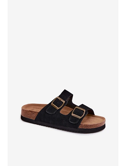 Kožené semišové dámské pantofle s přezkami černé Rosaliae Kožené semišové dámské pantofle s přezkami černé Rosaliae