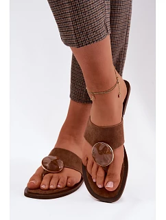 Dámské ploché žabky s ozdobou eko semiš hnědé Selvessa