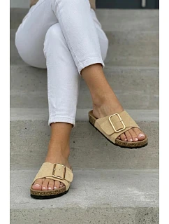 Kožené semišové dámské pantofle s přezkou Béžové Beryl