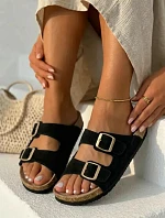 Semišové pantofle na korkové podrážce s přezkami Černé Tavira