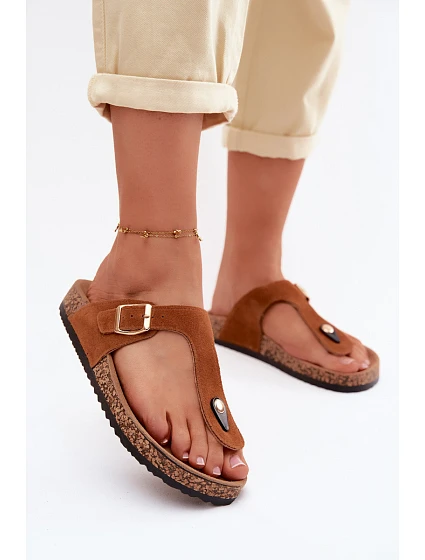 Kožené semišové žabky s zlatým přezkou Camel Honey