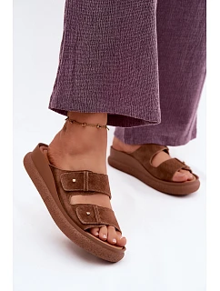 Kožené semišové dámské pantofle na platformě Vinceza 66916 camel