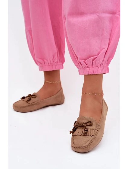 Dámske ploché mokasíny s umelým semišom a strapcami Dark Beige Bluebell