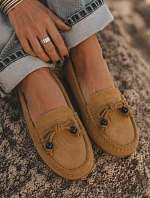 Dámske ploché mokasíny s lemovaním z imitácie semišu Camel Bluebell