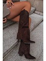 Dámské zateplené kozačky cowboy na podpatku s vytočenou horní částí čokoládové Julena