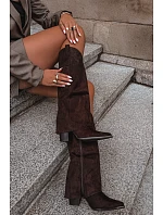 Dámské zateplené kozačky cowboy na podpatku s vytočenou horní částí čokoládové Julena