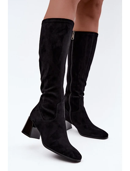 Dámské semišové kozačky na podpatku model 22366577 Černé - VINCEZA