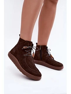 Dámské barefoot kotníkové boty z nubukové kůže s korálky Zazoo 30078 hnědé