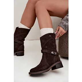 Dámské kožené kotníčkové boty na podpatku s izolací Big Star model 22539872 Hnědé - Big Star Shoes Dámské kožené kotníčkové boty na podpatku s izolací Big Star model 22539872 Hnědé - Big Star Shoes