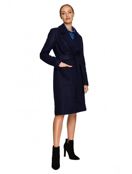 M708 Flísový kabát s opaskom a vreckami - tmavomodrý