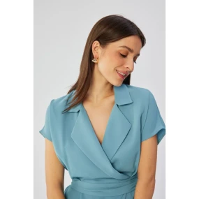 S363 Košeľové šaty s opaskom na zaväzovanie - nebesky modré