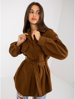 Hnedý dámsky kabát s vreckami a viazankami