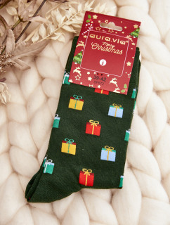 Pánske bavlnené ponožky s vianočným vzorom tmavozelené