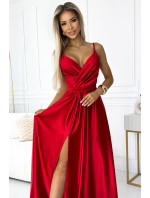Elegantné dlhé saténové šaty s výstrihom Numoco JULIET - červené