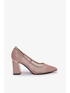 Dámske sieťované lodičky na podpätku s ozdobou Vinceza - béžové