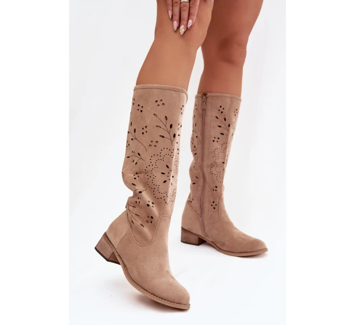 Dámske perforované čižmy na podpätku Helinna - khaki Dámske perforované čižmy na podpätku Helinna - khaki