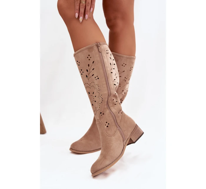 Dámske perforované čižmy na podpätku Helinna - khaki Dámske perforované čižmy na podpätku Helinna - khaki