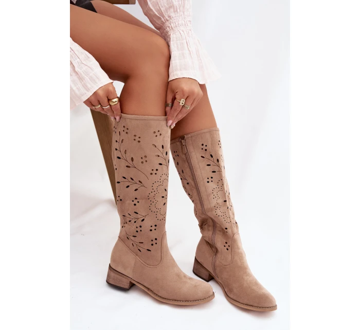 Dámske perforované čižmy na podpätku Helinna - khaki Dámske perforované čižmy na podpätku Helinna - khaki