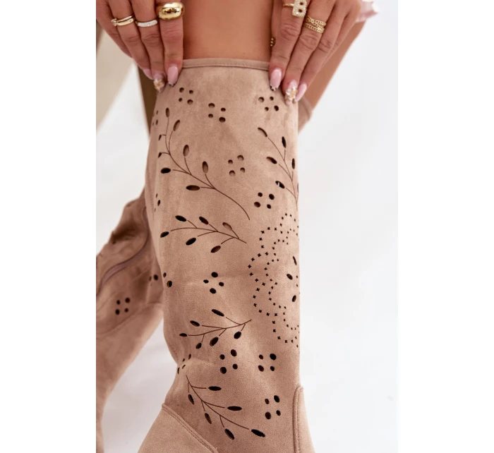 Dámske perforované čižmy na podpätku Helinna - khaki Dámske perforované čižmy na podpätku Helinna - khaki