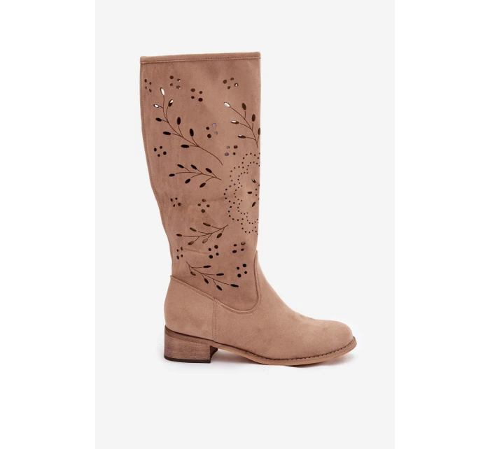 Dámske perforované čižmy na podpätku Helinna - khaki Dámske perforované čižmy na podpätku Helinna - khaki