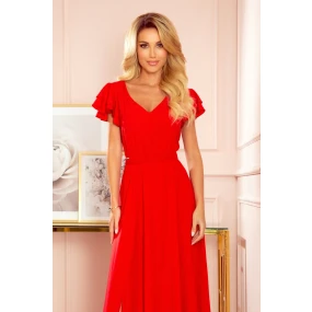 Dlouhé červené dámské šaty s volánky a dekoltem model 22077486 - numoco