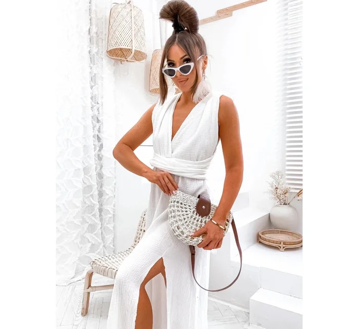 Mušelínové dámské šaty v ecru barvě se výstřihem model 20119951 - Moon Mušelínové dámské šaty v ecru barvě se výstřihem model 20119951 - Moon