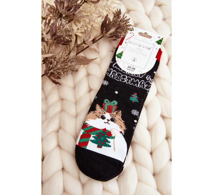 Dámske vianočné ponožky s čiernou mačkou